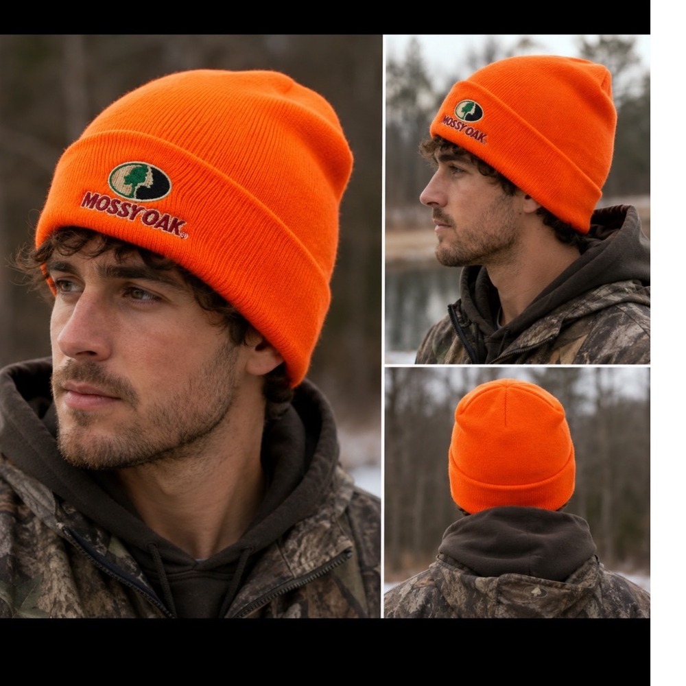 Mossy Oak Blaze Orange Beanie Hat Hunting Cuffed‎ Fleece Lined RN 167668